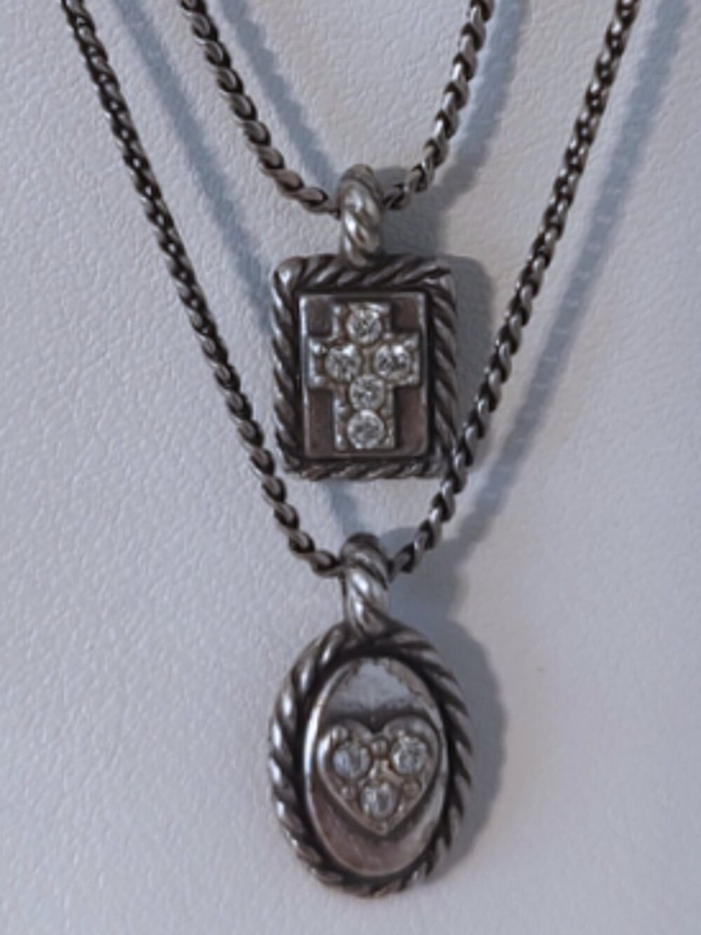 Brighton rhinestone cross heart double strand silvertone necklace w/pouch EUC - Picture 3 of 7